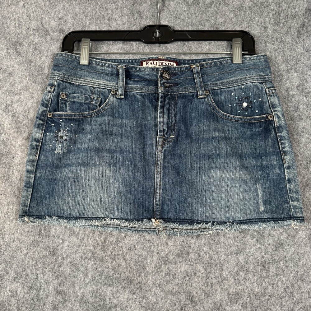 Kali Denim Womens Mini Skirt Size 7 Distressed Festival Embroidered Y2K Juniors